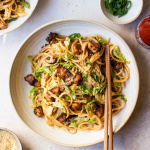 Vegan udon noodles with smoked tofu and cabbage-image