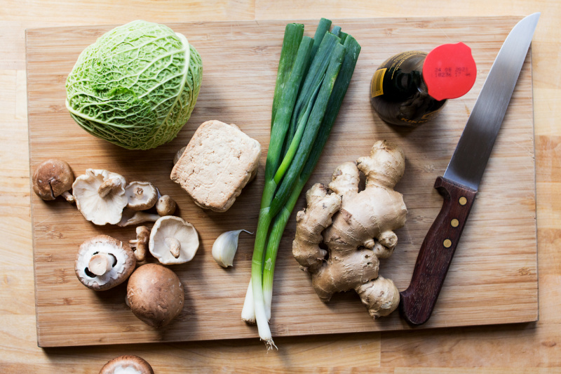 Vegan udon noodles with smoked tofu and cabbage