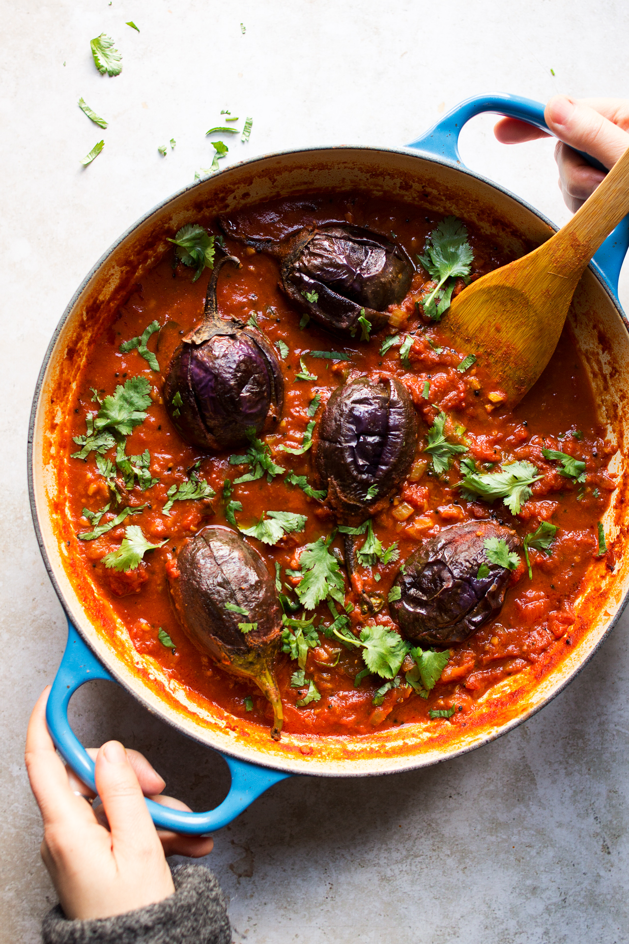 vegan aubergine curry cooking baby aubergines