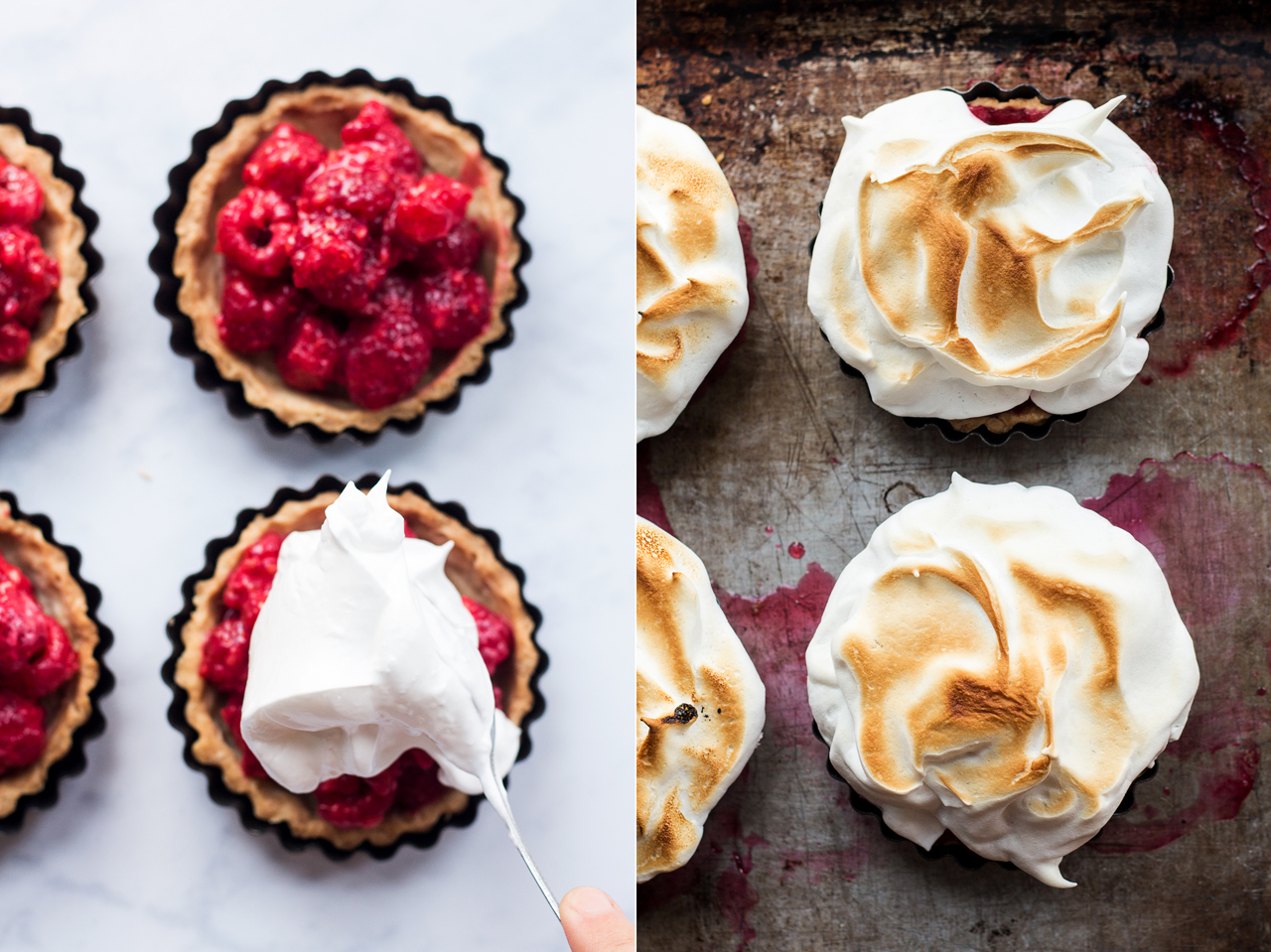 vegan meringue raspberry tarts before after