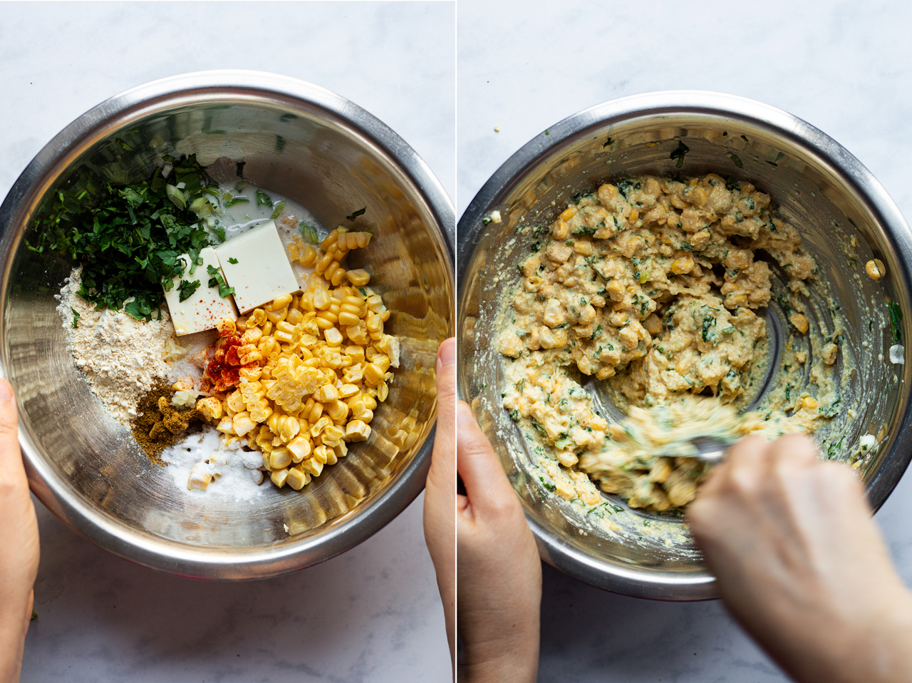 vegan corn fritters making