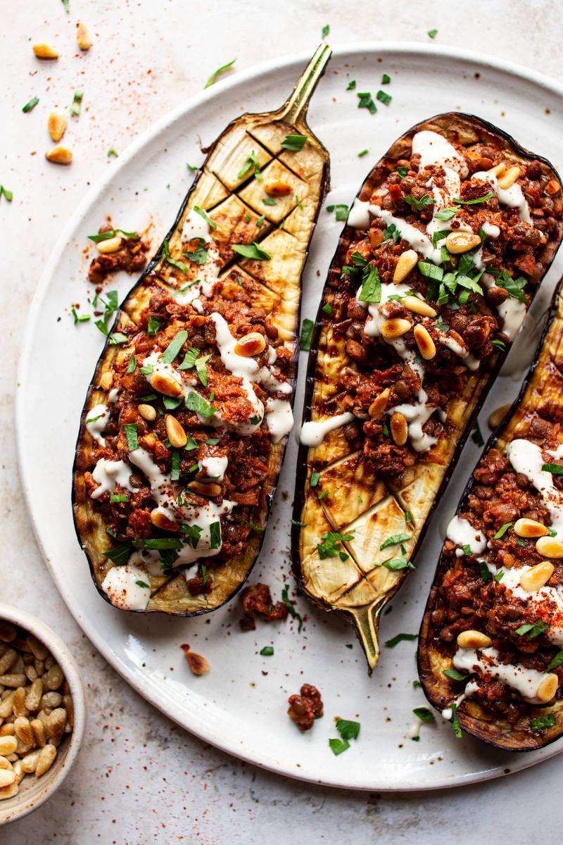 vegan mince stuffed eggplants plate