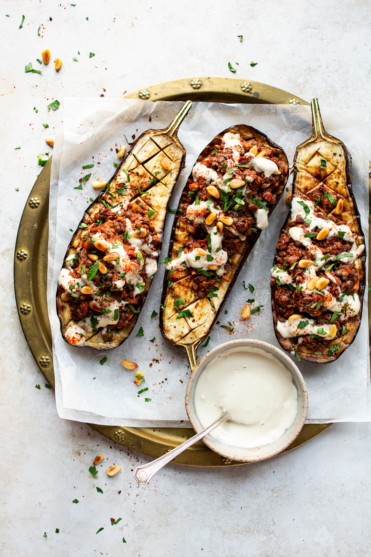 vegan mince stuffed eggplants platter