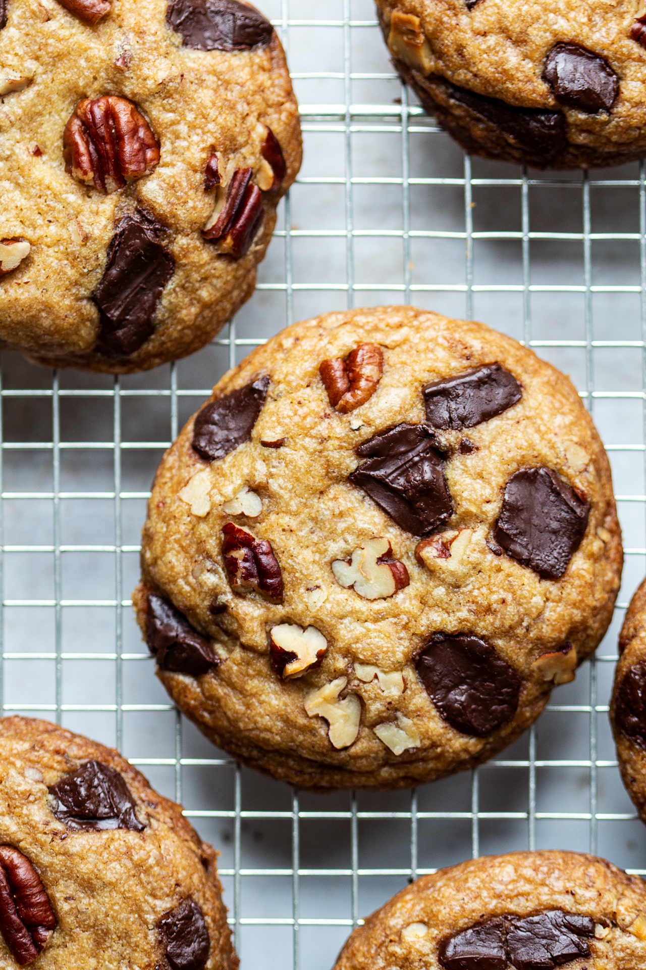 indulgent vegan chocolate chip cookies close up