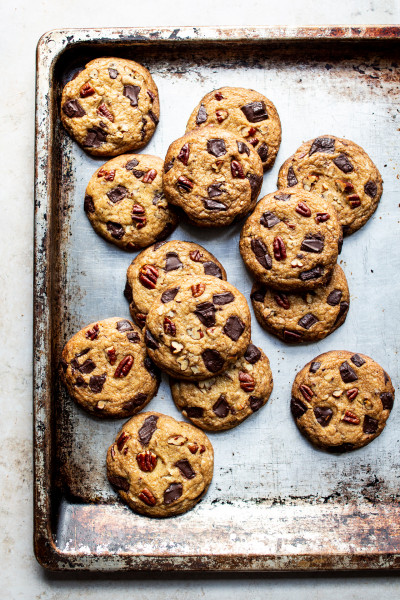 indulgent vegan chocolate chip cookies tray