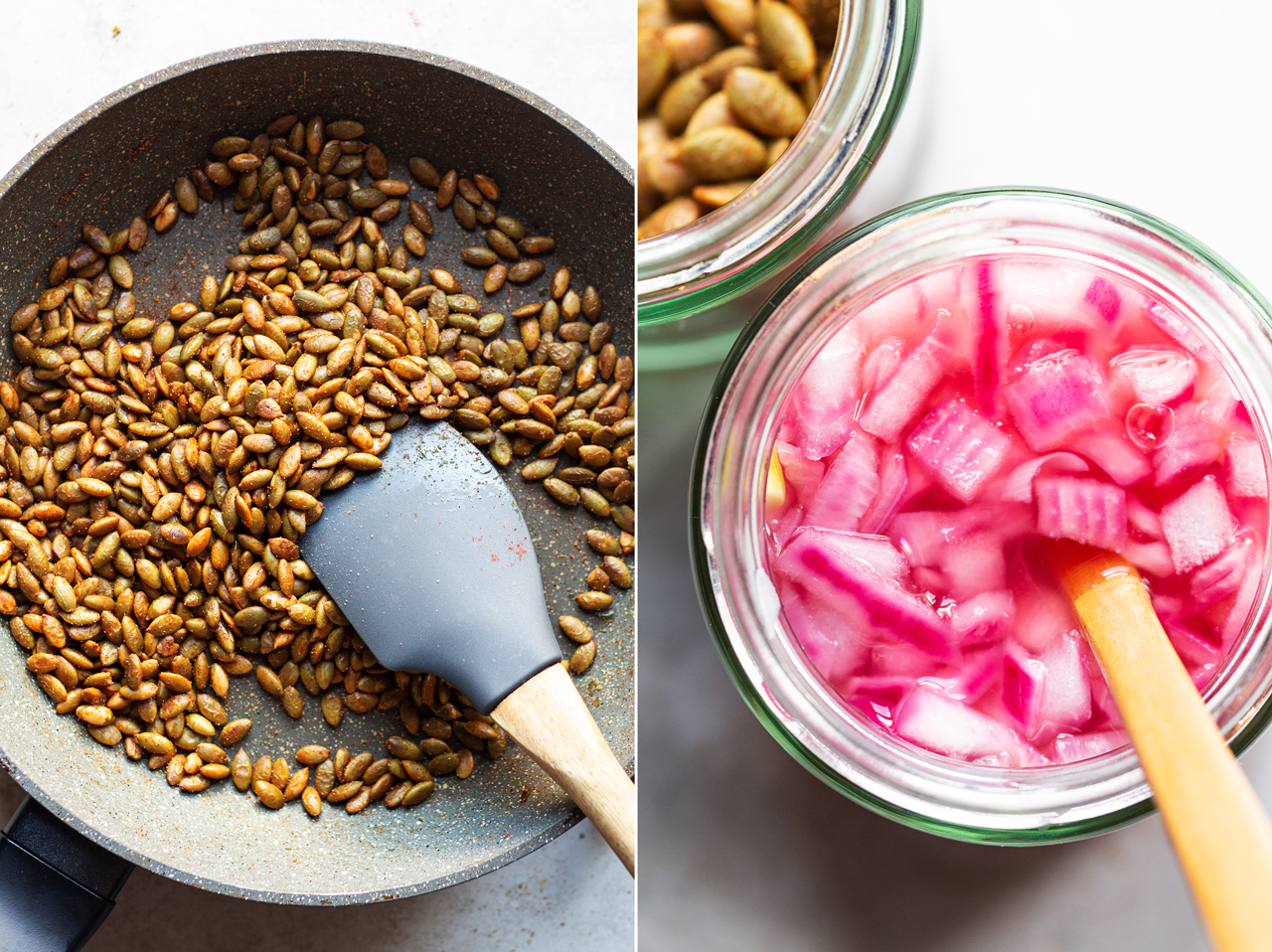 sweet potato bowl pumpkin seeds pickled onions