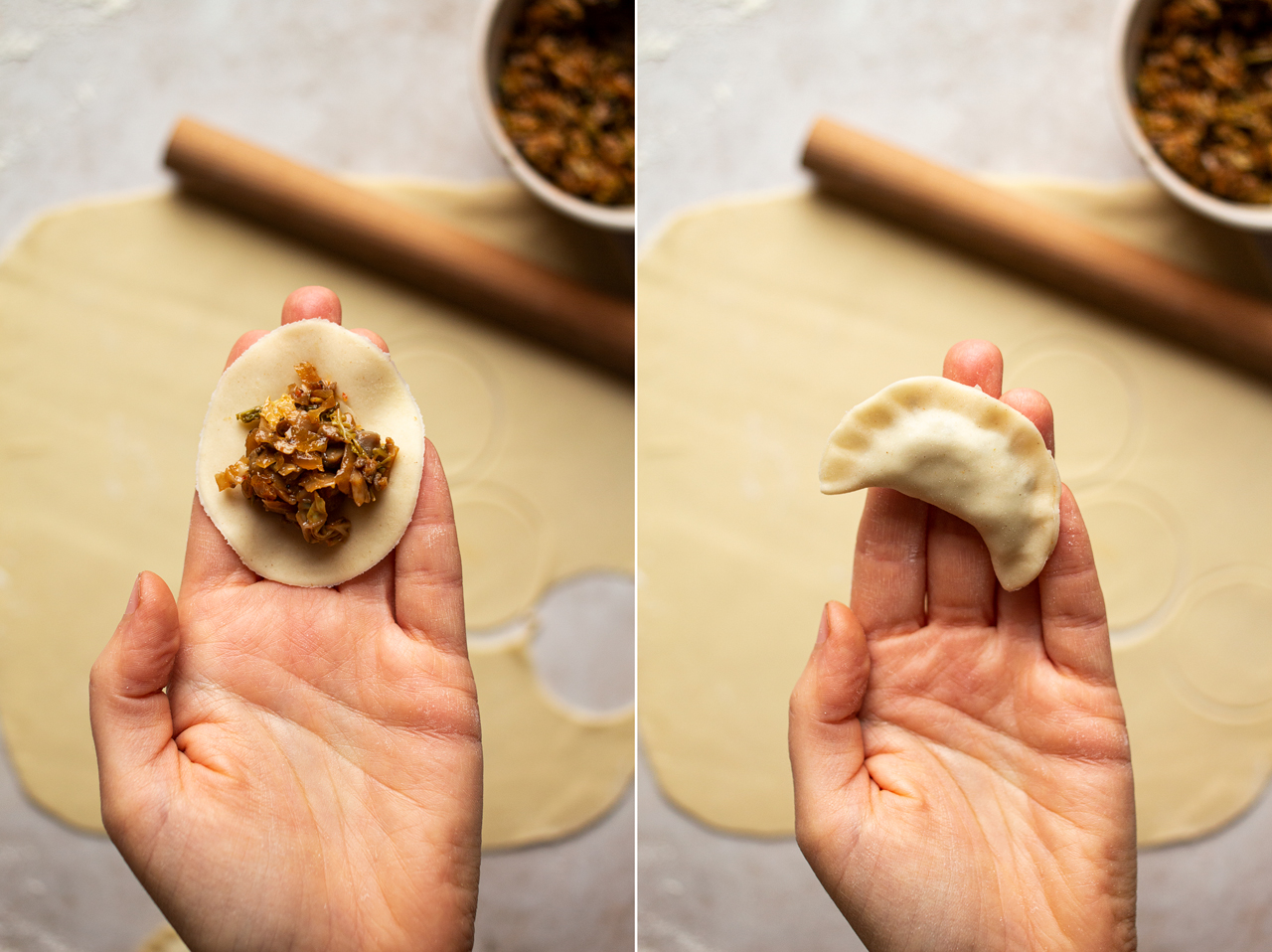 vegan mushroom cabbage pierogi process