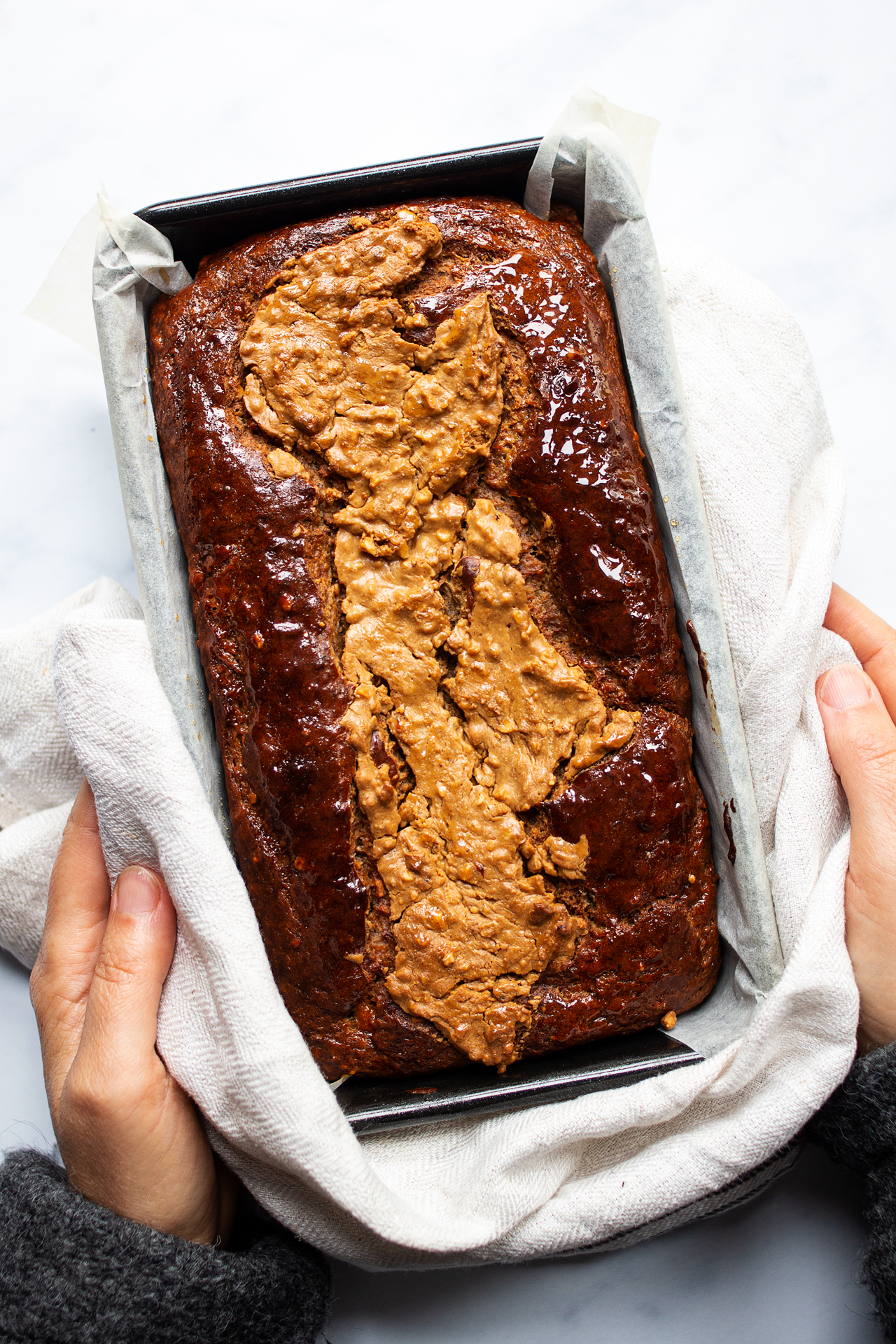 vegan peanut butter banana bread baked