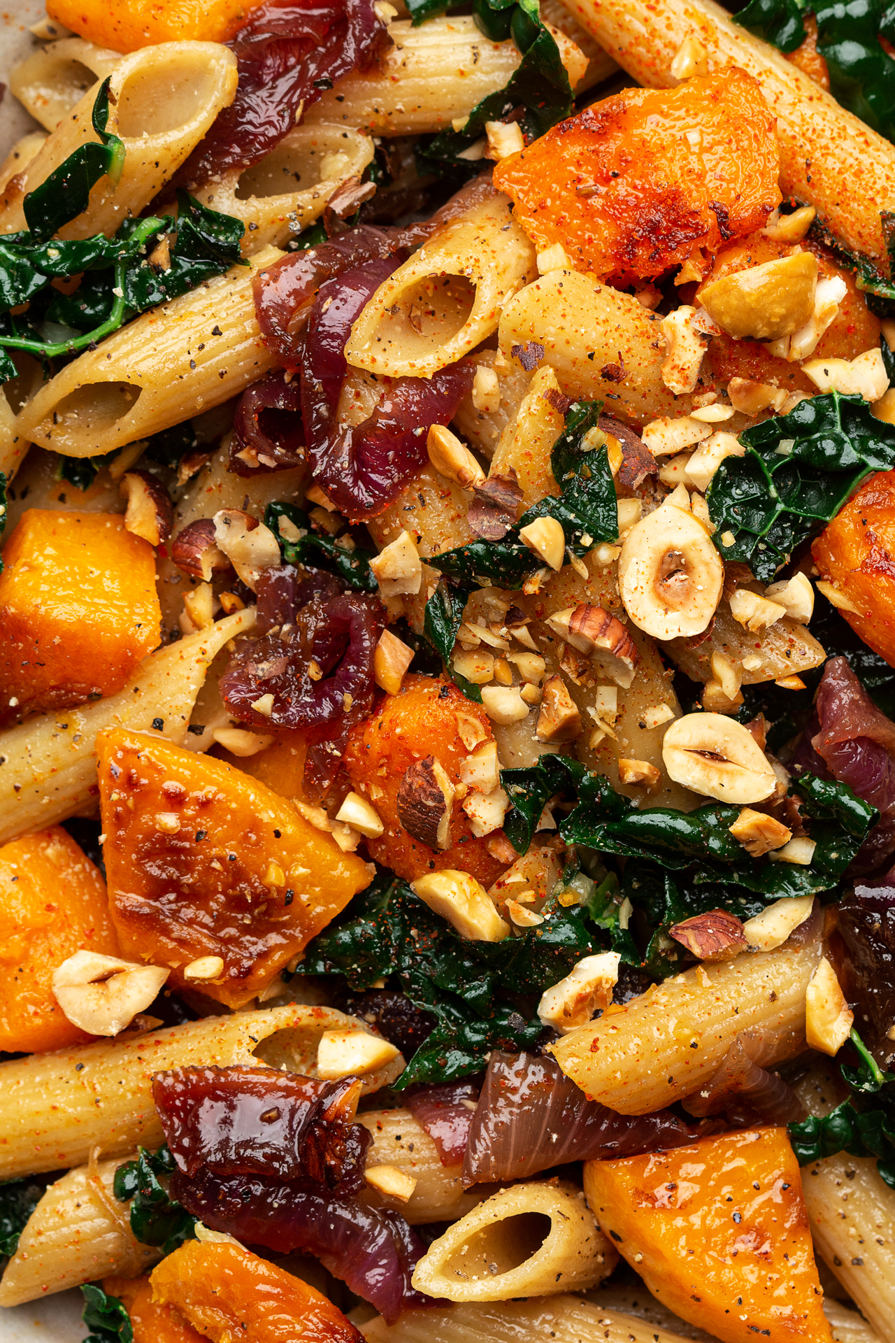 caramelised onion squash pasta close up