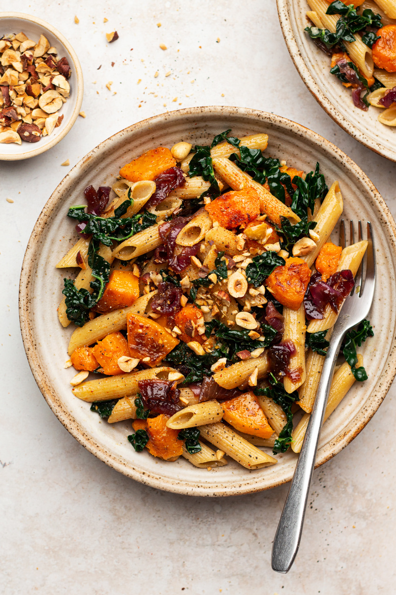 caramelised onion squash pasta plate