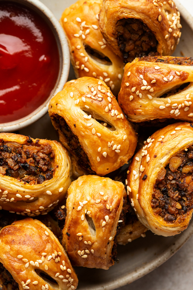 mini vegan sausage rolls close up