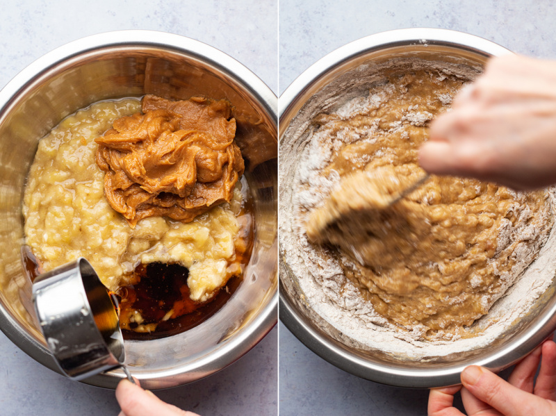 oilfree peanut butter banana muffins making