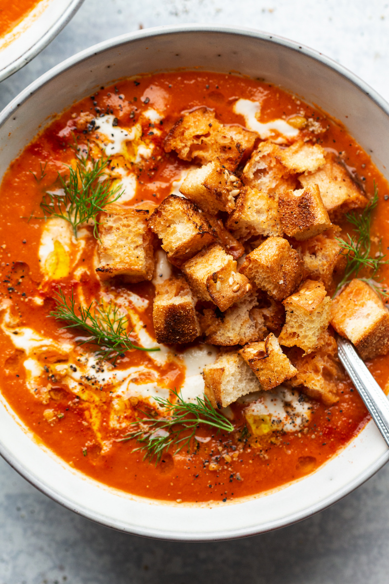 roasted tomato fennel soup baking close up