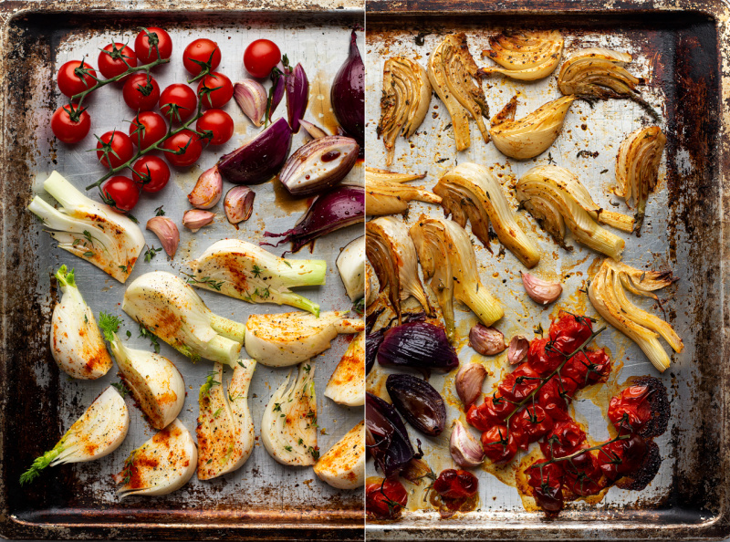 roasted tomato fennel soup baking tray