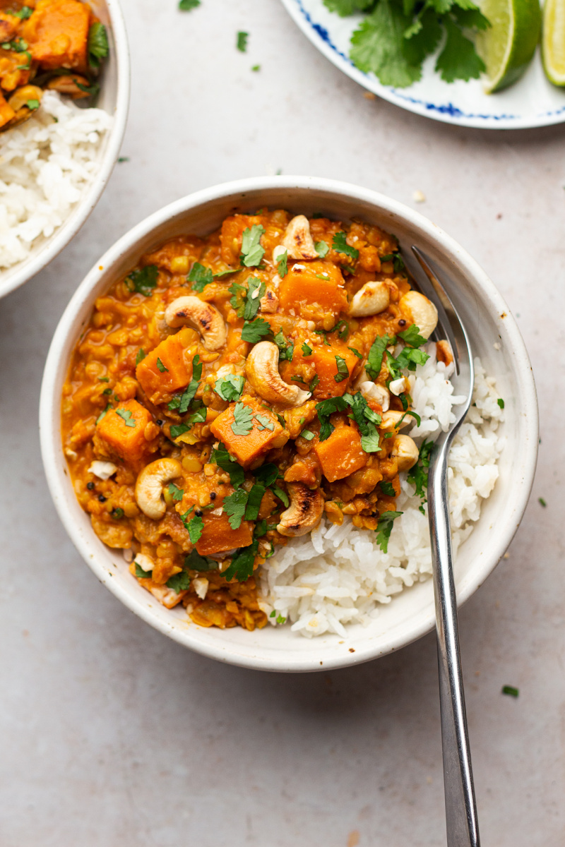 sweet potato red lentil curry bowl