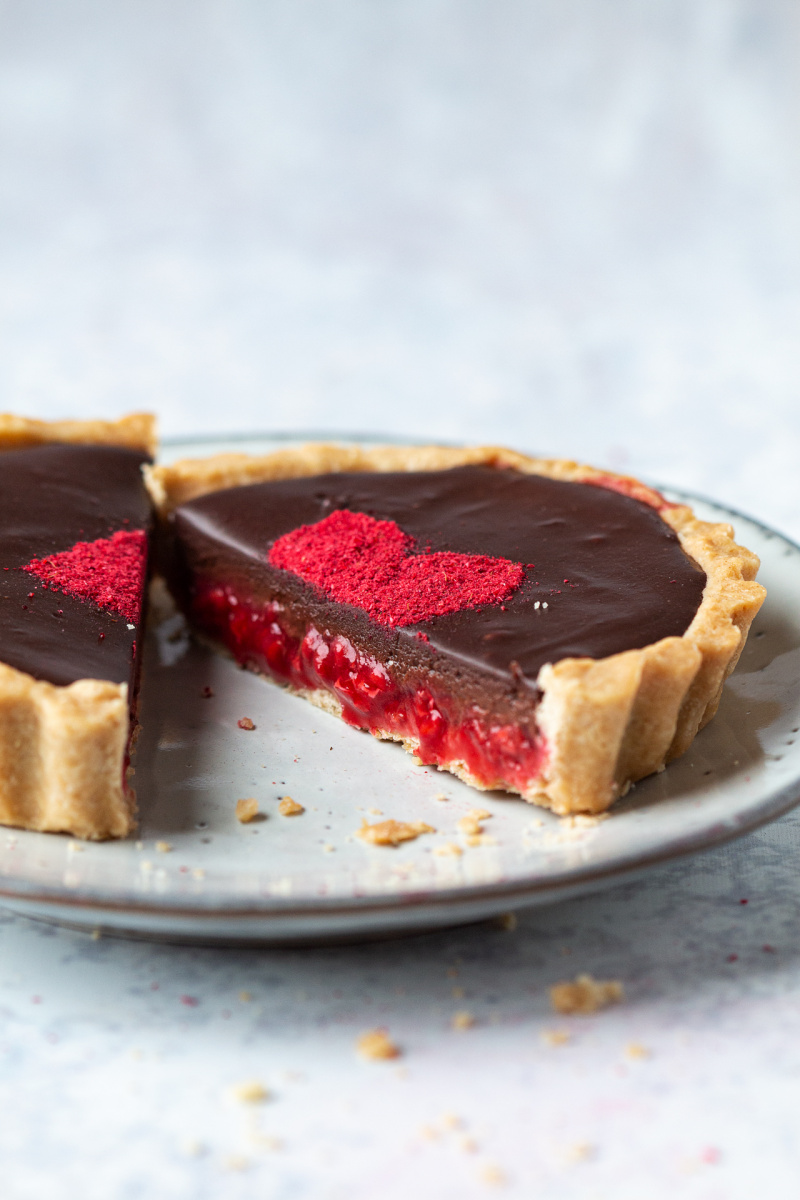 chocolate raspberry tarts making cut across