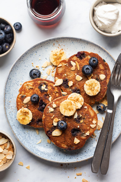 vegan banana blueberry pancakes plate
