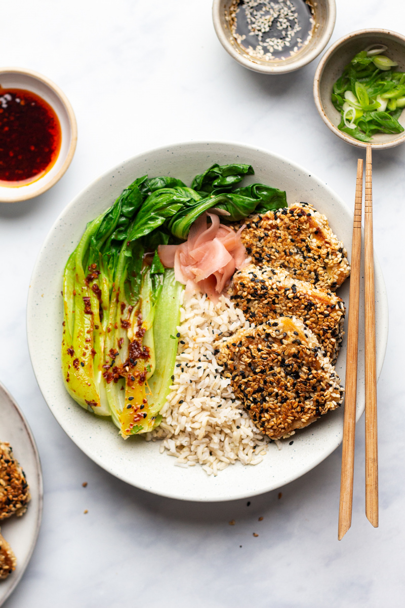 vegan sesame encrusted tofu steaks meal