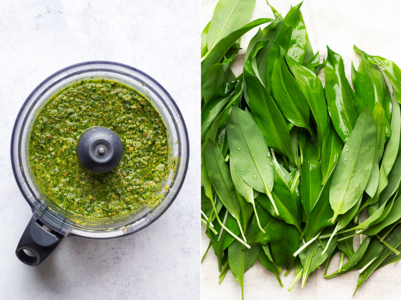 vegan wild garlic pesto making