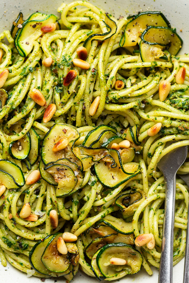 vegan wild garlic pesto pasta close up