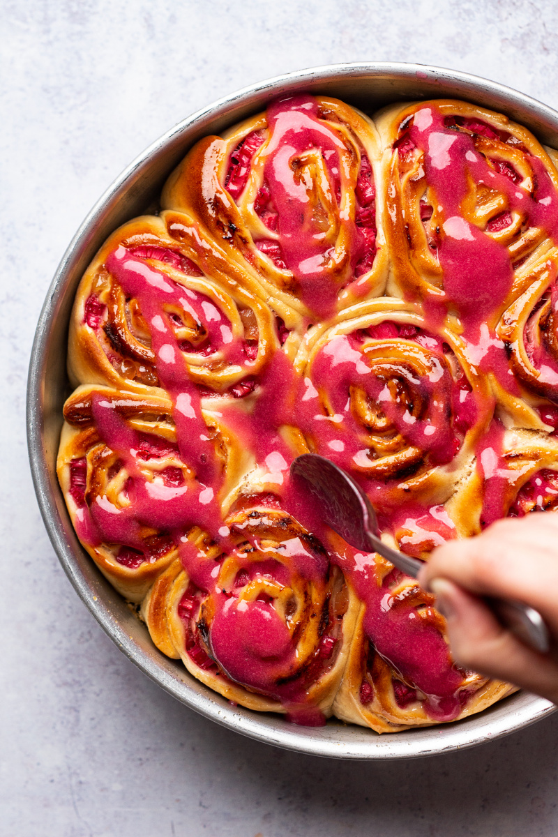 vegan rhubarb ginger buns glazed