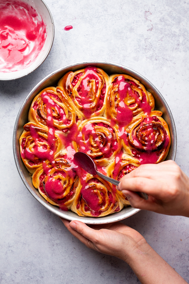 vegan rhubarb ginger buns glazing