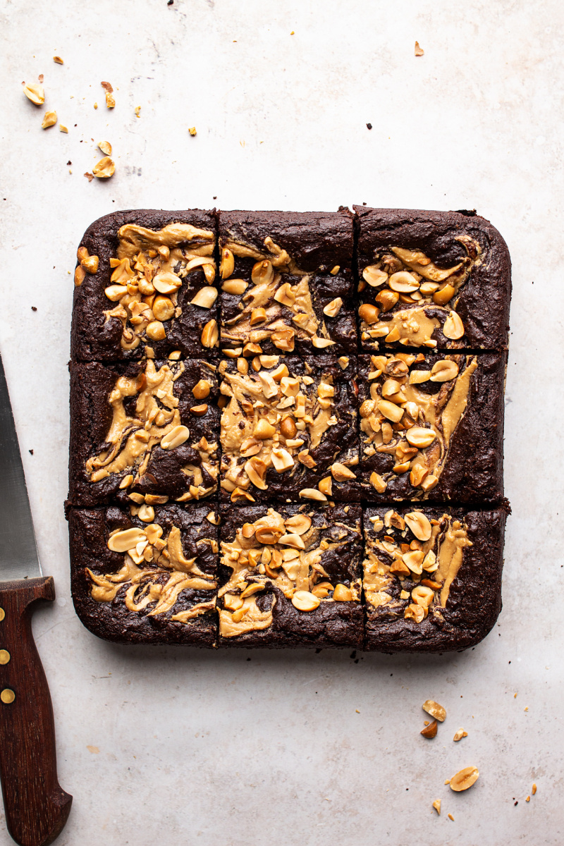 vegan peanut butter brownies cut