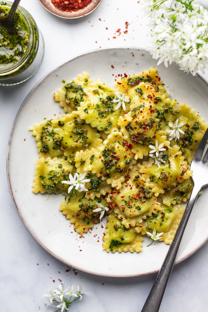 vegan wild garlic ravioli plate