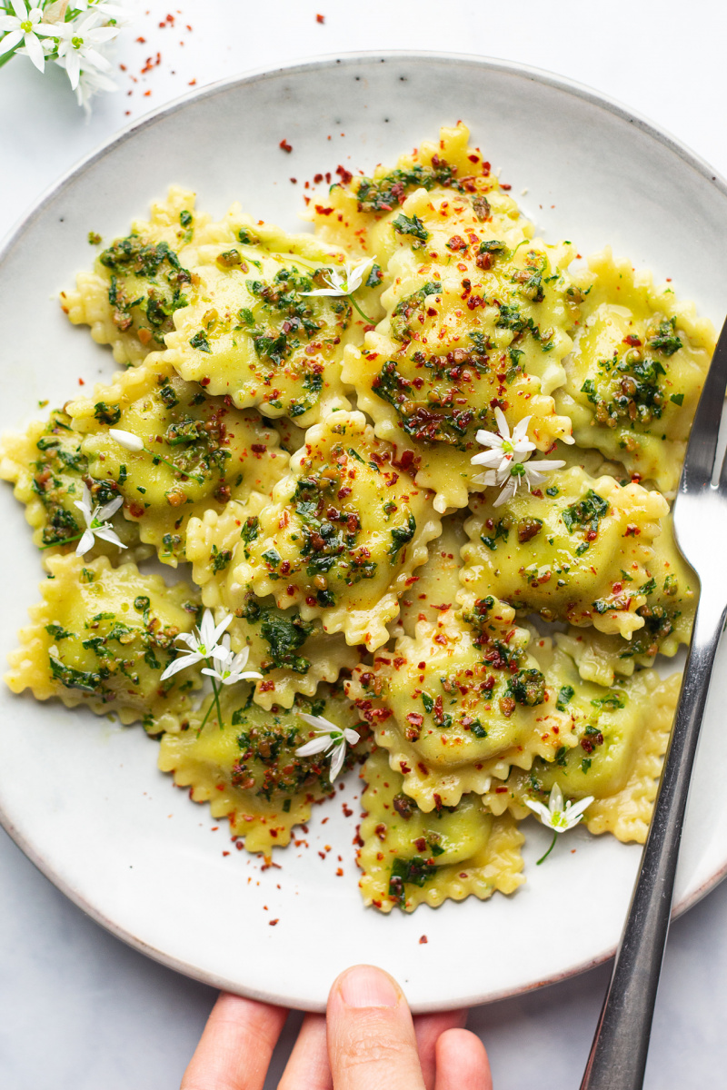 vegan wild garlic ravioli portion