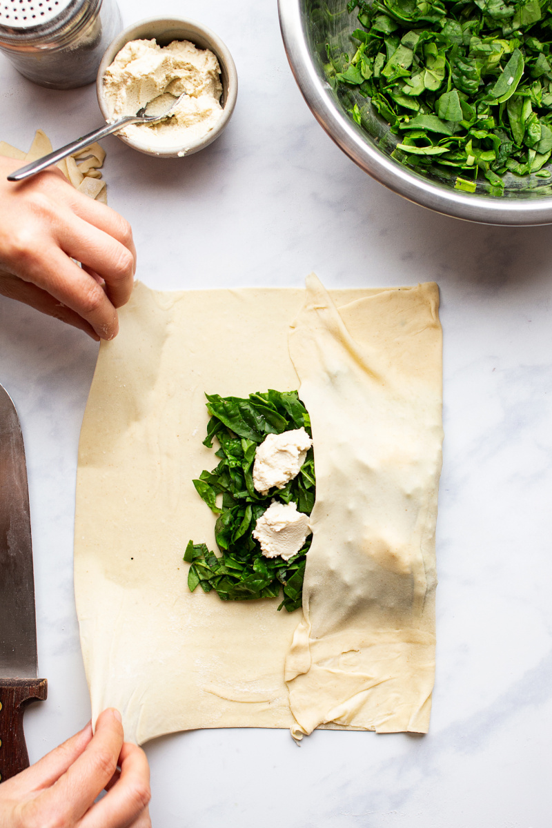 vegan spinach feta gozleme making