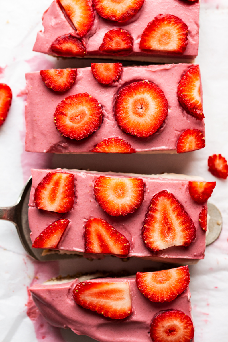 vegan strawberry cheesecake slice cut
