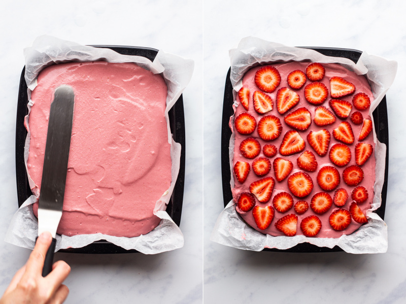 vegan strawberry cheesecake slice layer three four