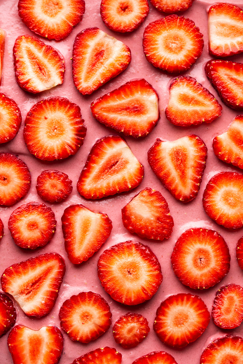 vegan strawberry cheesecake slice surface
