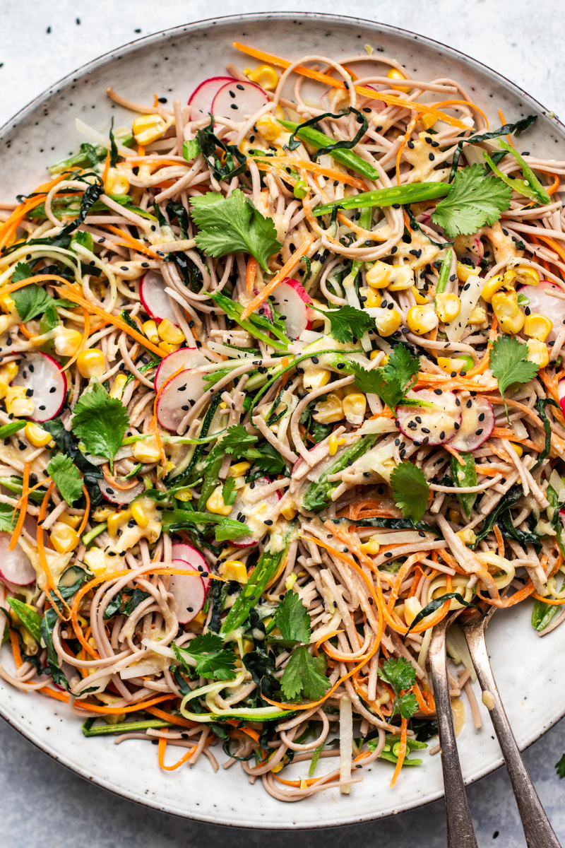 soba noodle salad close