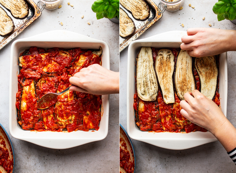 vegan eggplant parmigiana assembling