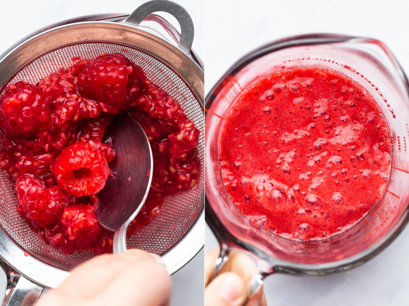 vegan raspberry mousse pressing raspberries