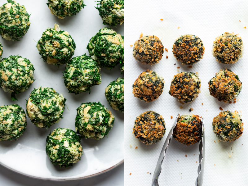 vegan spinach balls before after