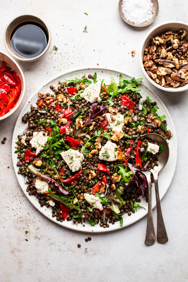 Lentil and roast pepper salad with vegan feta - Lazy Cat Kitchen