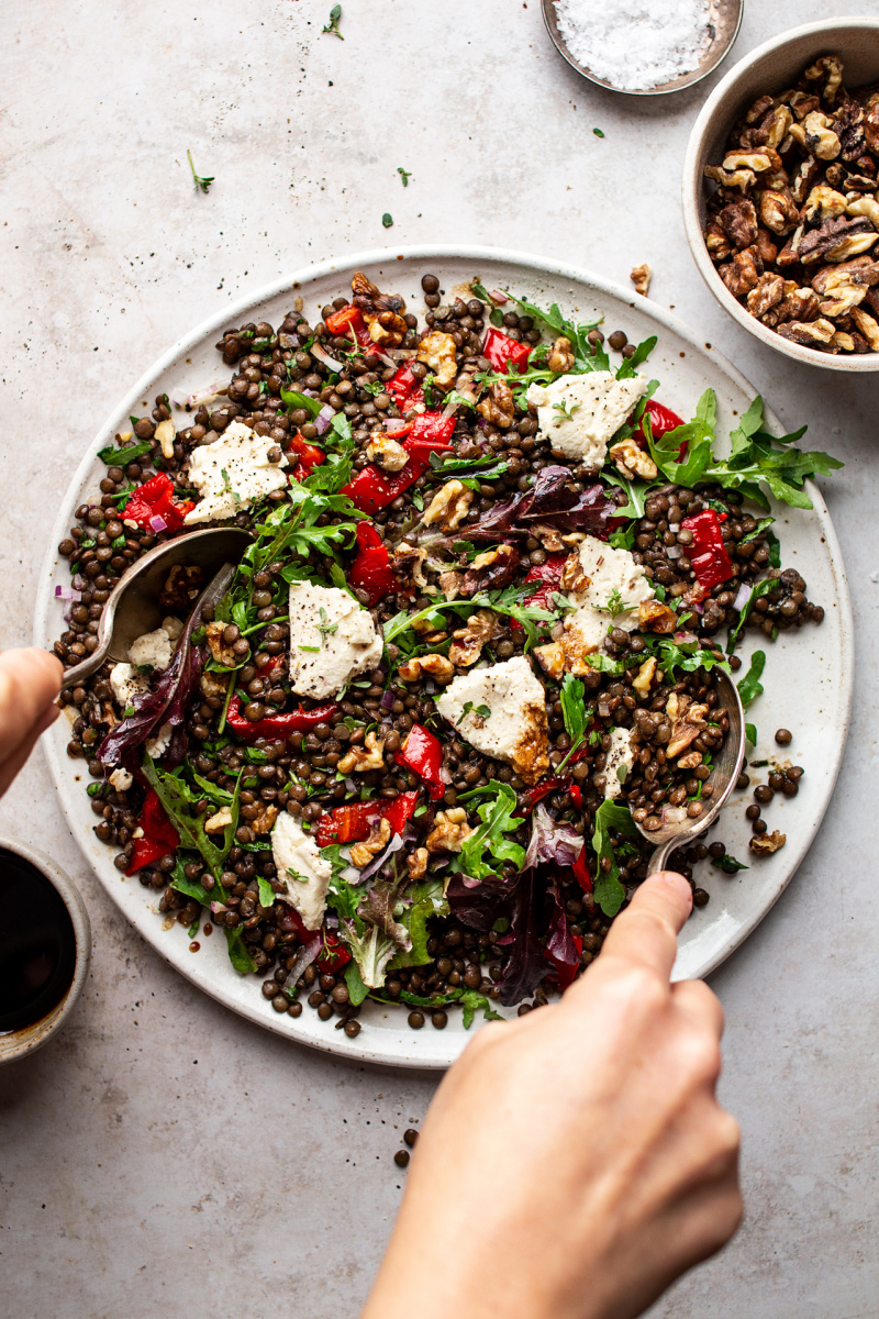 Lentil and roast pepper salad with vegan feta - Lazy Cat Kitchen