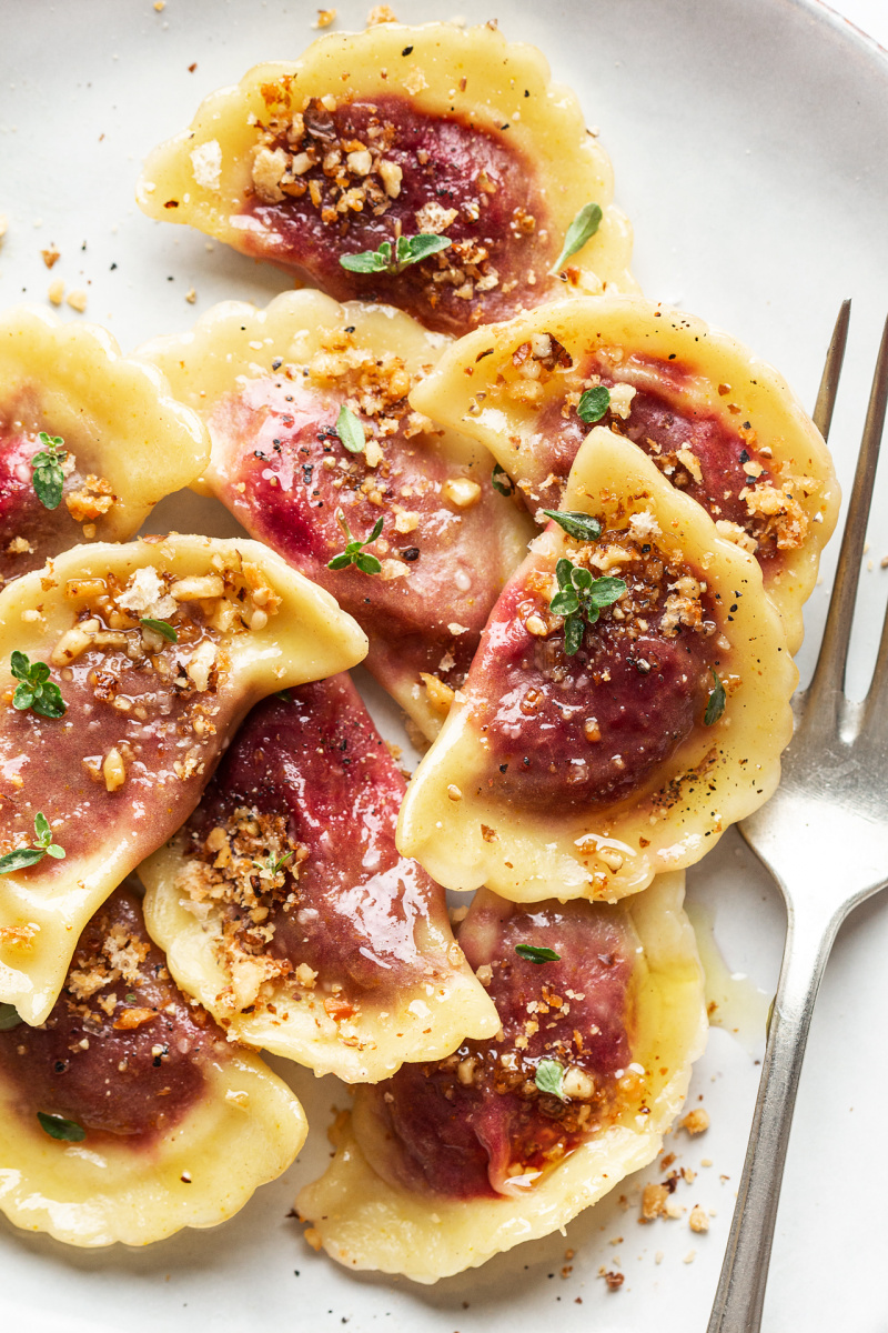 vegan beetroot ravioli close