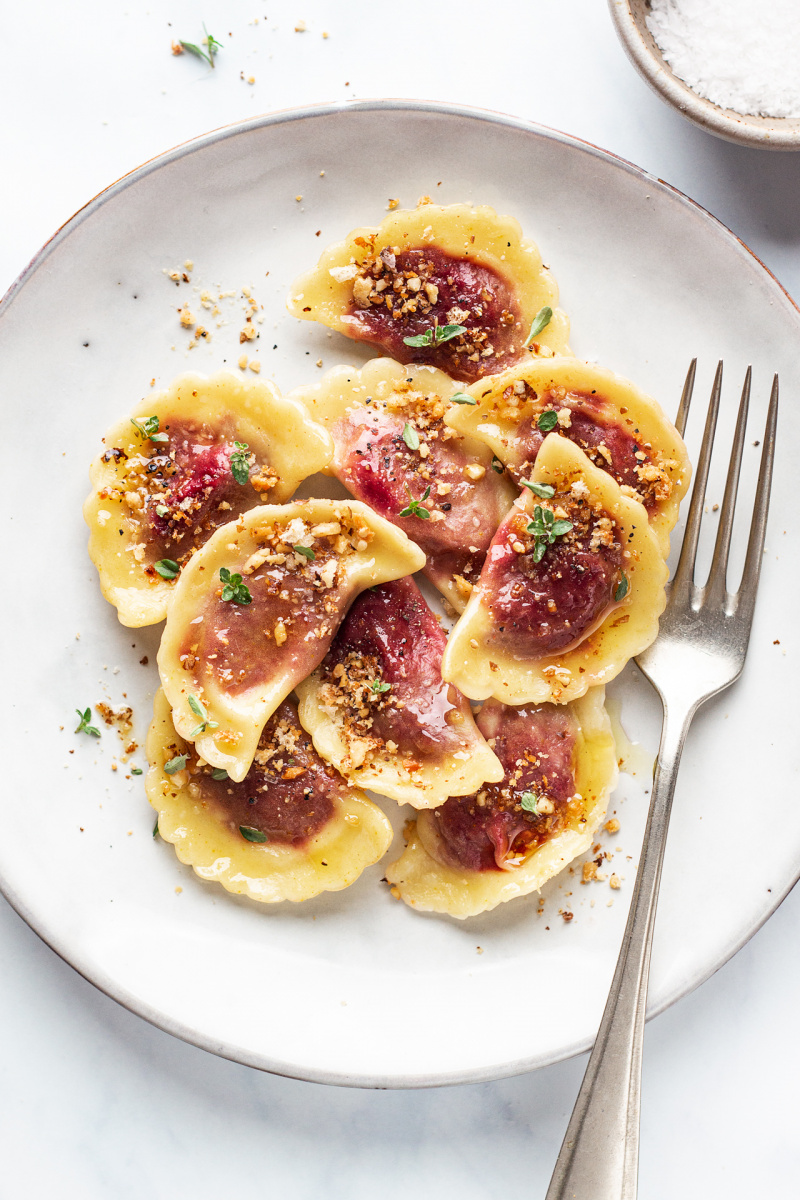 vegan beetroot ravioli portion