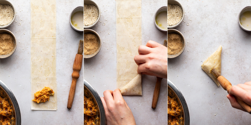 pumpkin phyllo triangles process