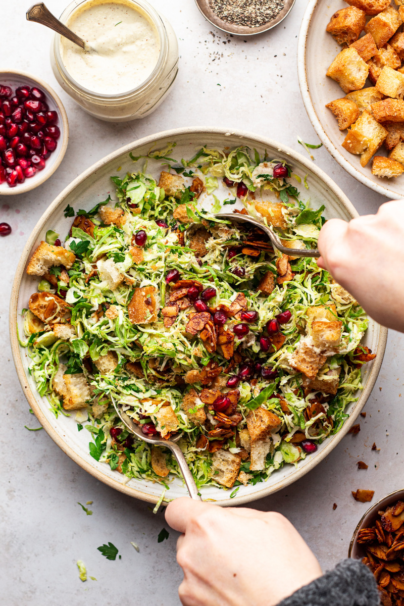vegan Brussels sprouts Caesar salad mixed