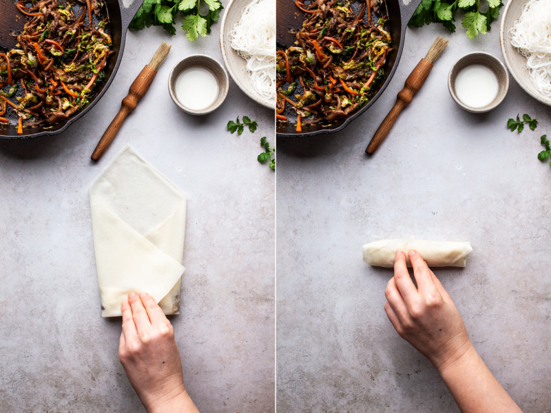 baked vegan spring rolls folding