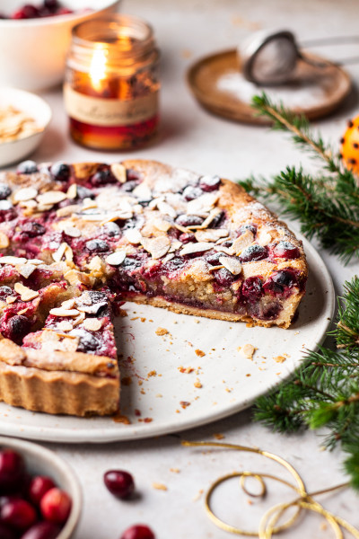 cranberry vegan frangipane tart cross section