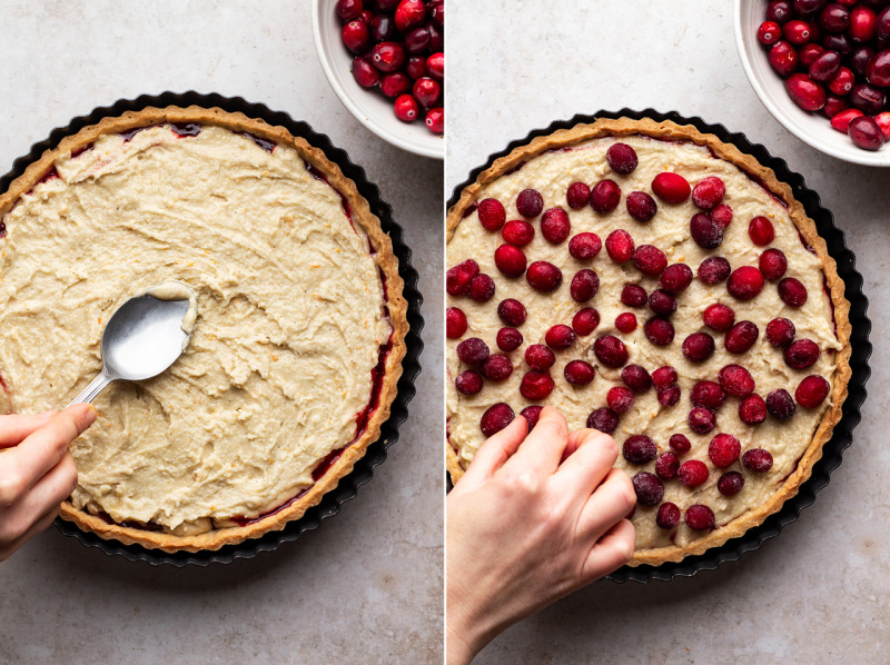 cranberry vegan frangipane tart decorating