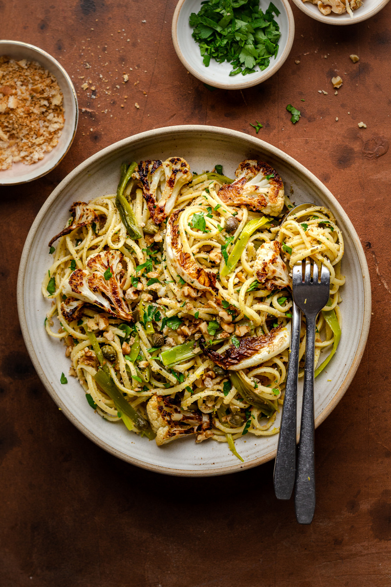 roasted leek cauliflower pasta plate