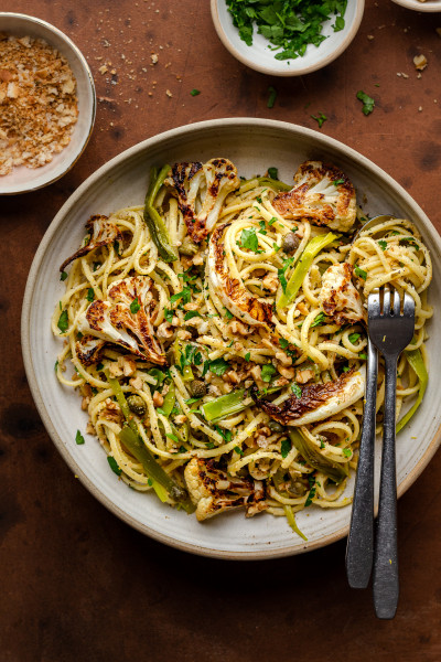 roasted leek cauliflower pasta portion