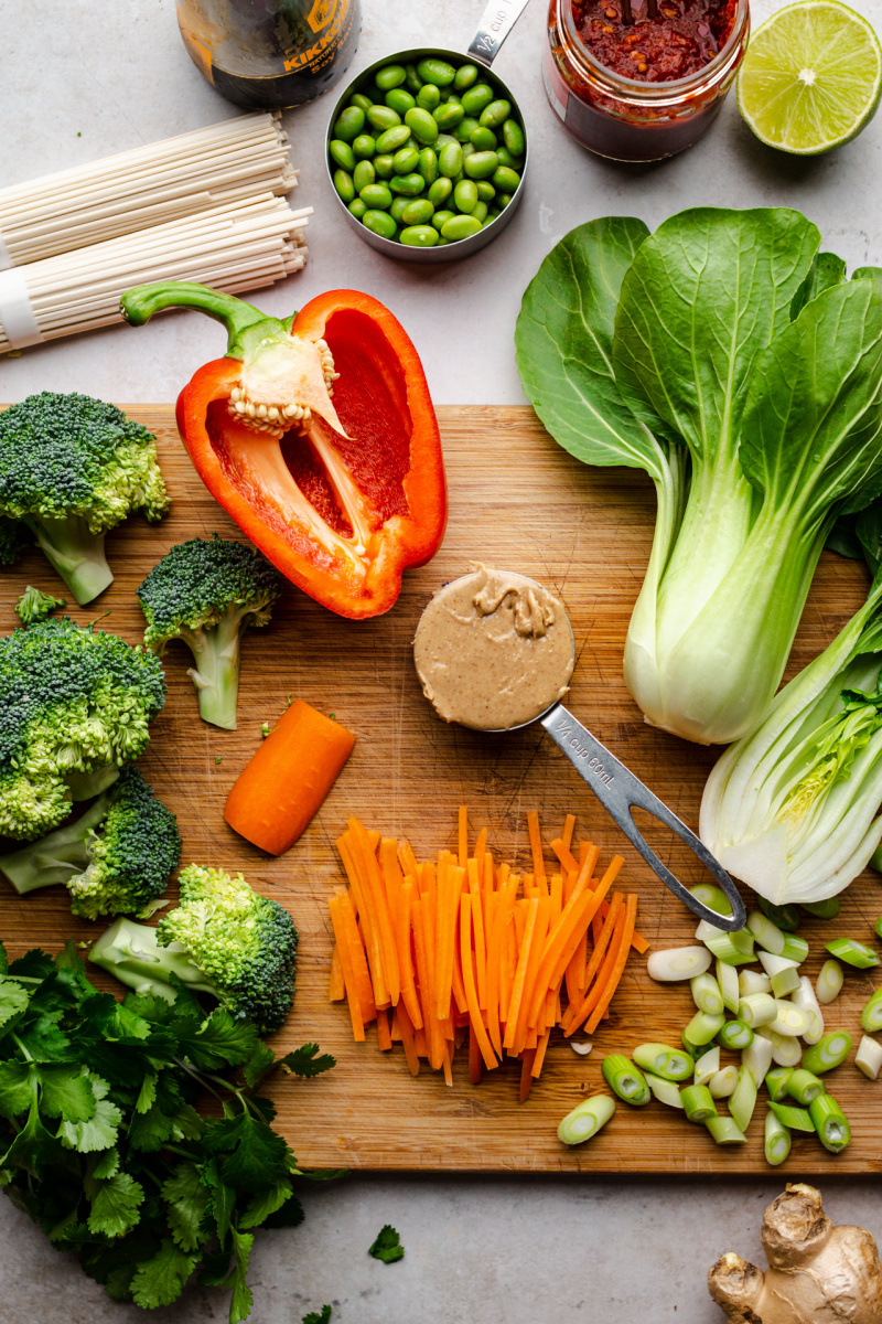 vegan satay noodles ingredients board