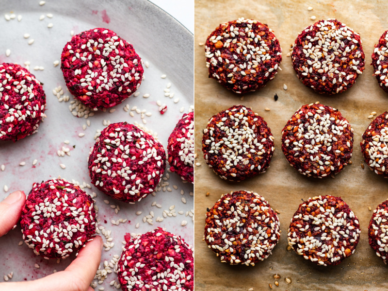 baked beet falafels before after